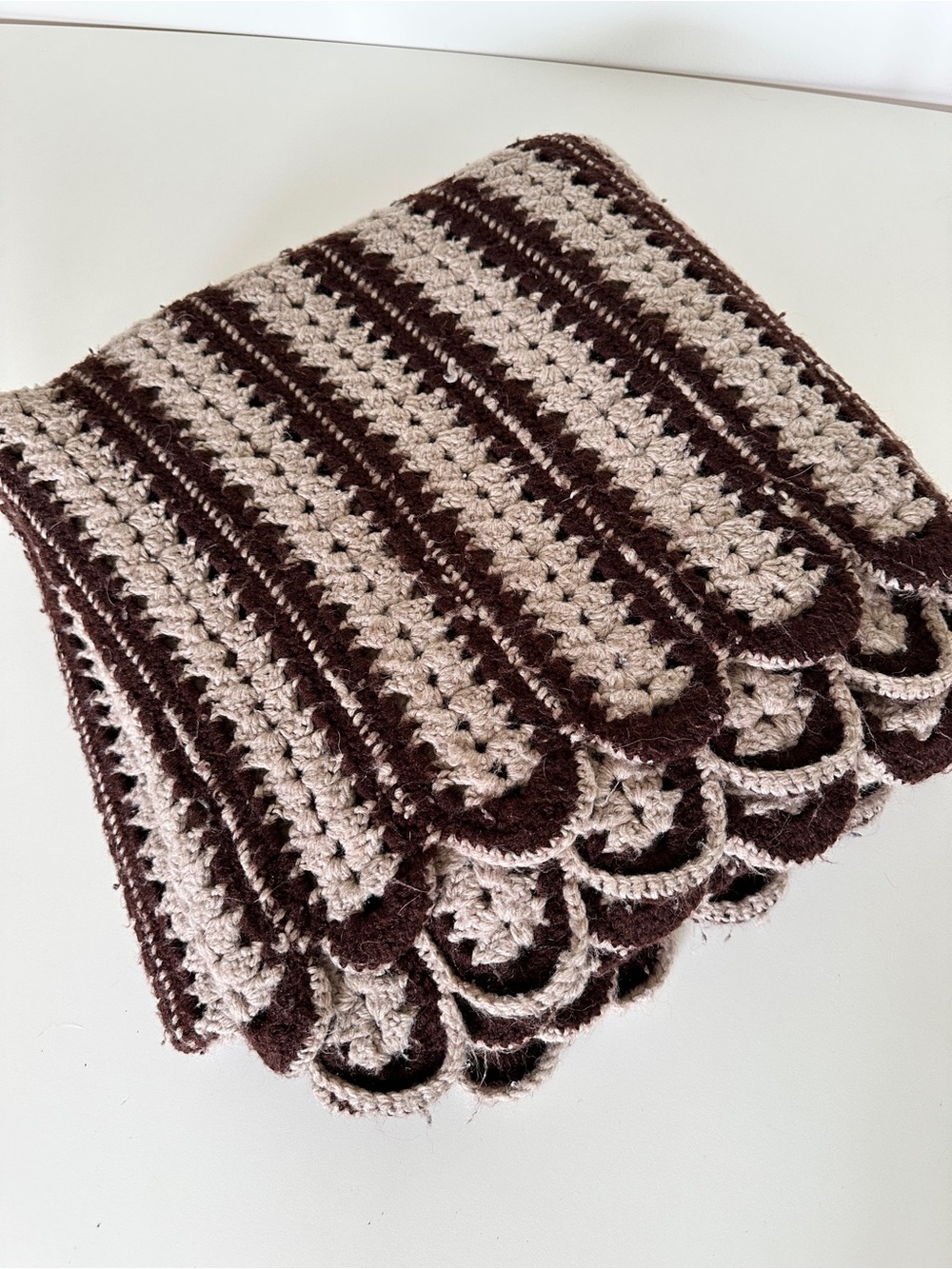 Handmade Crochet Blanket Throw in Beige and Dark Brown Scallop Edge 70s Vintage